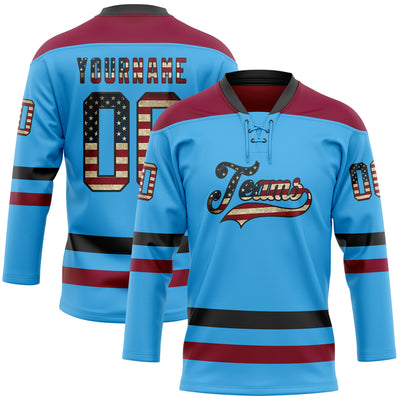 Custom Sky Blue Vintage USA Flag Black-Maroon Hockey Lace Neck Jersey