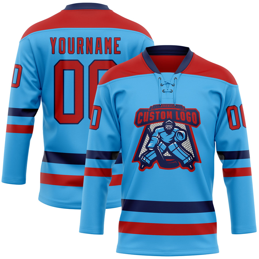 Custom Sky Blue Red-Navy Hockey Lace Neck Jersey