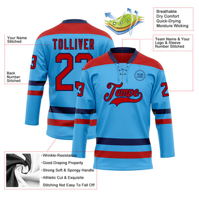 Custom Sky Blue Red-Navy Hockey Lace Neck Jersey