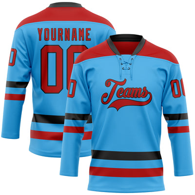 Custom Sky Blue Red-Black Hockey Lace Neck Jersey