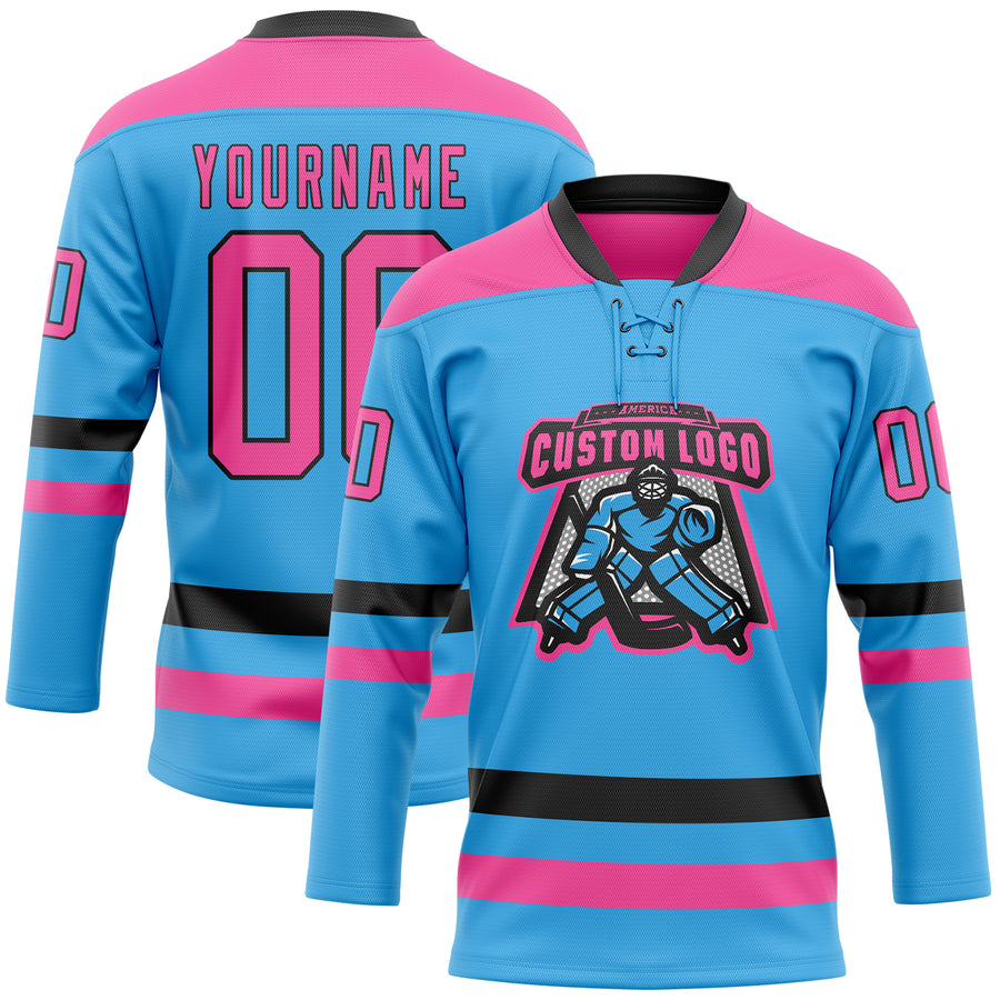 Custom Sky Blue Pink-Black Hockey Lace Neck Jersey