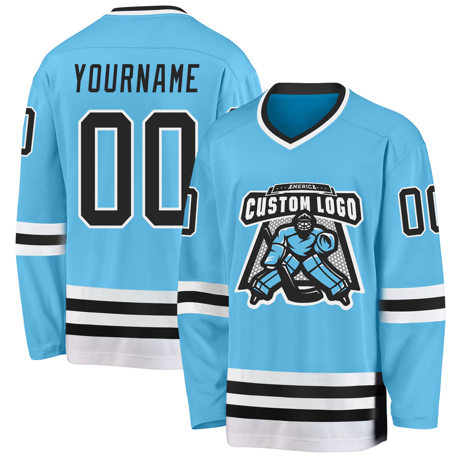 Custom Sky Blue Black-White Hockey Jersey