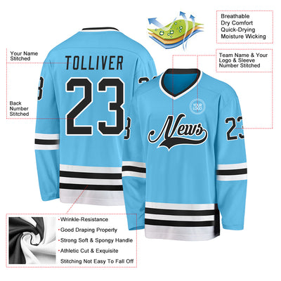 Custom Sky Blue Black-White Hockey Jersey