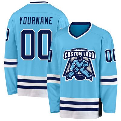 Custom Sky Blue Navy-White Hockey Jersey