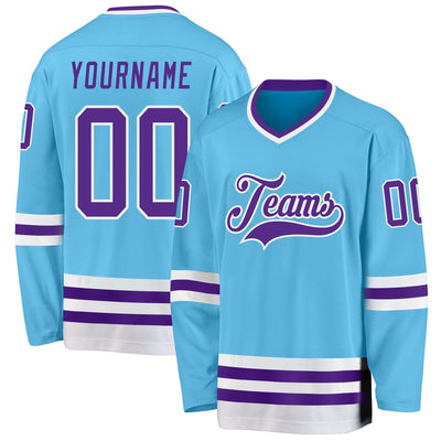 Custom Sky Blue Purple-White Hockey Jersey