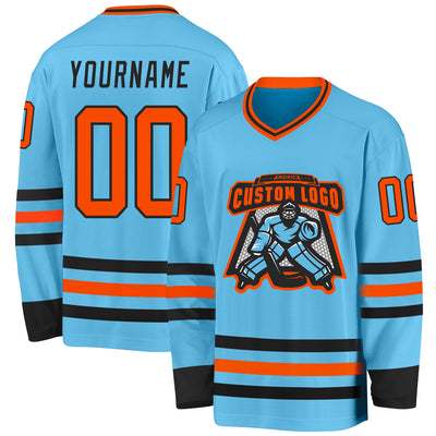 Custom Sky Blue Orange-Black Hockey Jersey