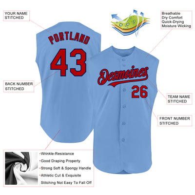 Custom Light Blue Red-Navy Authentic Sleeveless Baseball Jersey