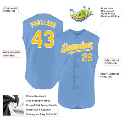 Custom Light Blue Yellow-White Authentic Sleeveless Baseball Jersey