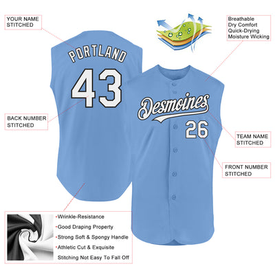 Custom Light Blue White-Black Authentic Sleeveless Baseball Jersey