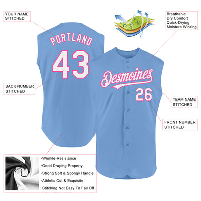 Custom Light Blue White-Pink Authentic Sleeveless Baseball Jersey