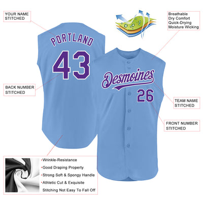 Custom Light Blue Purple-White Authentic Sleeveless Baseball Jersey