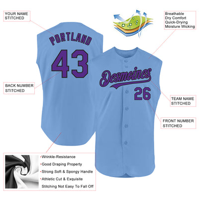 Custom Light Blue Purple-Black Authentic Sleeveless Baseball Jersey