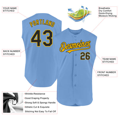 Custom Light Blue Black-Gold Authentic Sleeveless Baseball Jersey