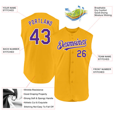 Custom Gold Purple-White Authentic Sleeveless Baseball Jersey