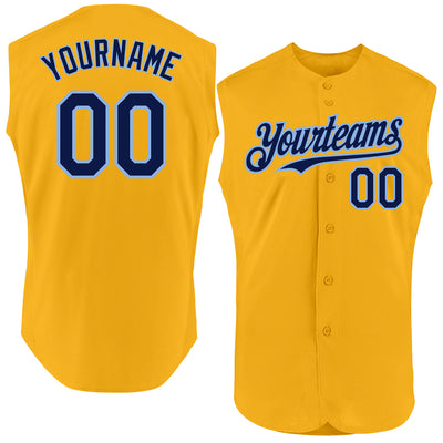 Custom Gold Navy-Light Blue Authentic Sleeveless Baseball Jersey