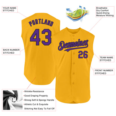 Custom Gold Purple-Black Authentic Sleeveless Baseball Jersey