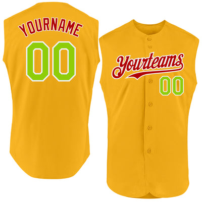 Custom Gold Neon Green-Red Authentic Sleeveless Baseball Jersey