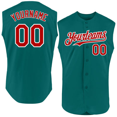 Custom Teal Red-White Authentic Sleeveless Baseball Jersey