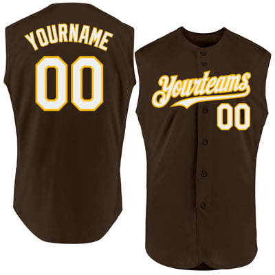 Custom Brown White-Gold Authentic Sleeveless Baseball Jersey