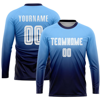 Custom Light Blue White-Navy Sublimation Fade Fashion Soccer Uniform Jersey