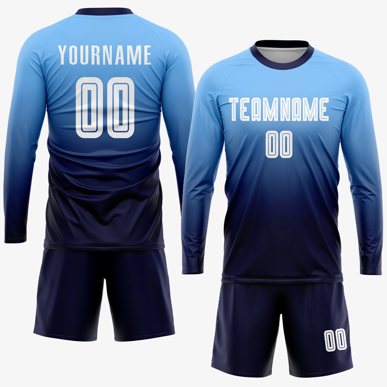 Custom Light Blue White-Navy Sublimation Fade Fashion Soccer Uniform Jersey