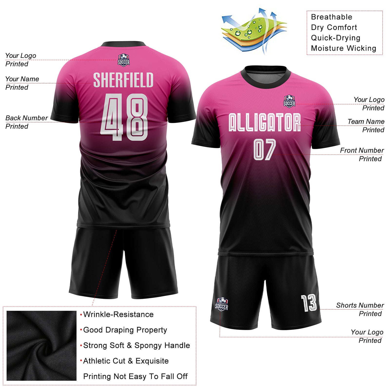 Custom Pink White-Black Sublimation Fade Fashion Soccer Uniform Jersey