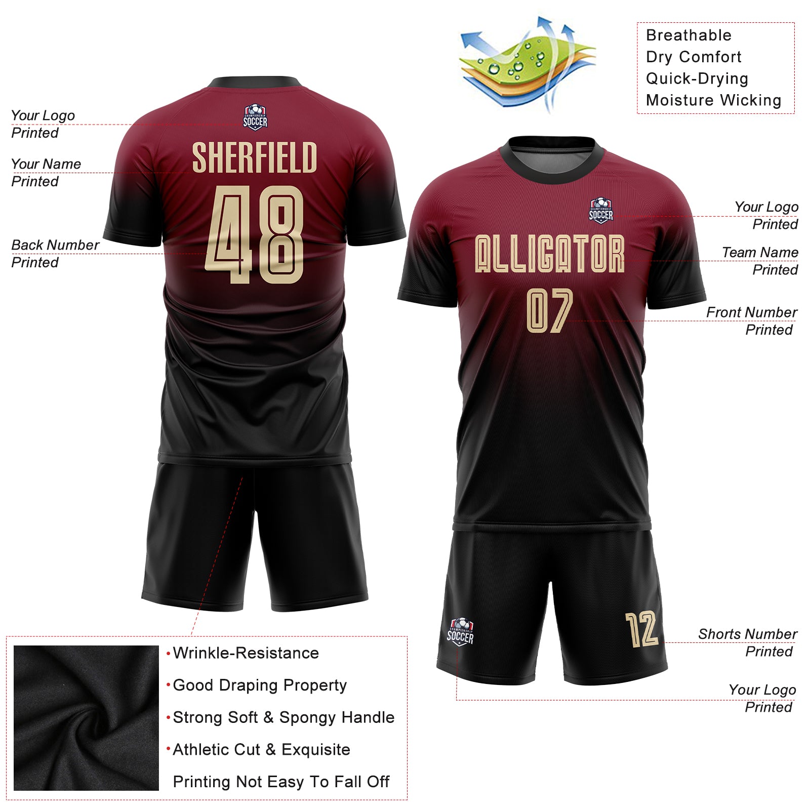 Custom Crimson Cream-Black Sublimation Fade Fashion Soccer Uniform Jersey