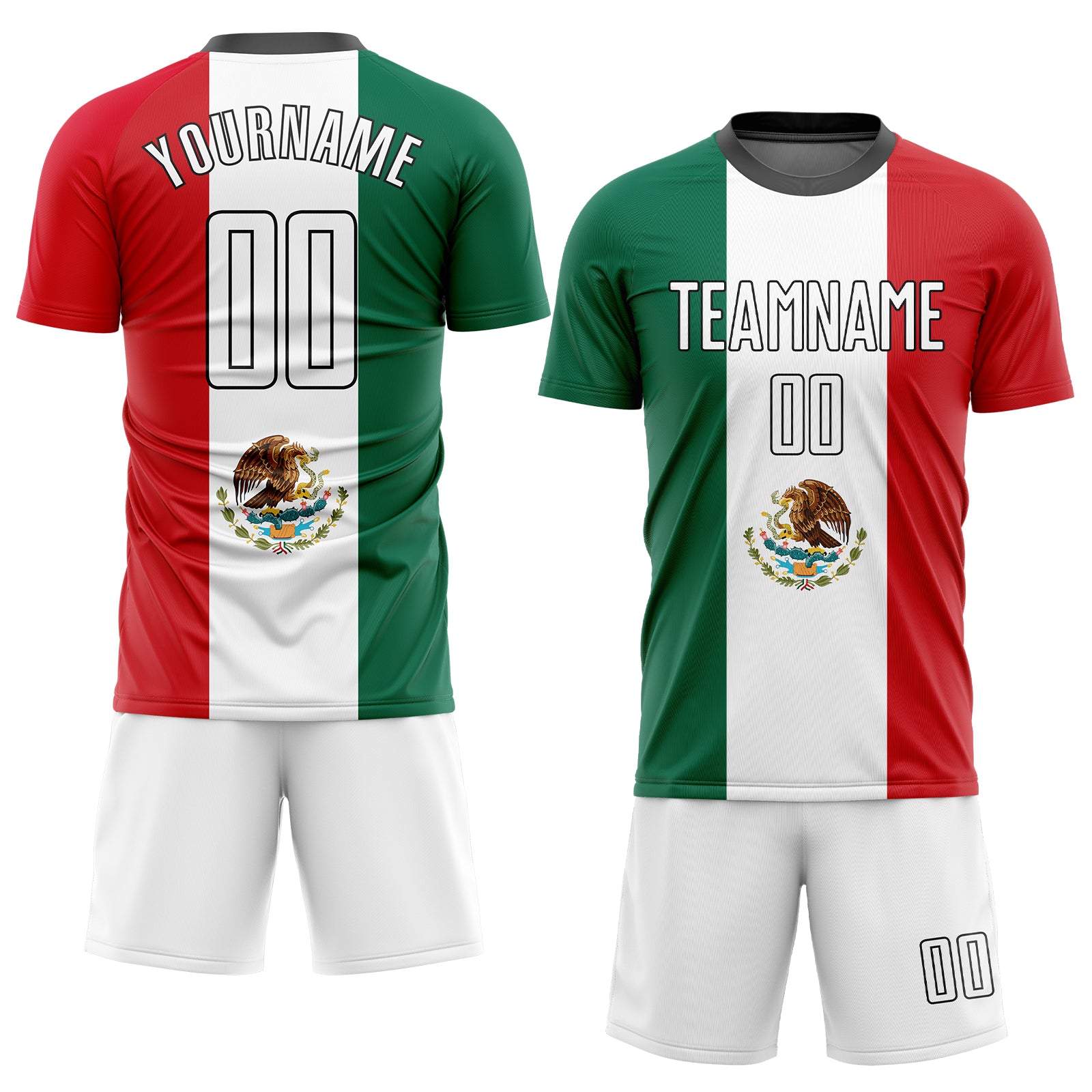 FANSIDEA Custom Kelly Green White Red-Black Sublimation Mexican Flag Soccer Uniform Jersey Men's Size:3XL