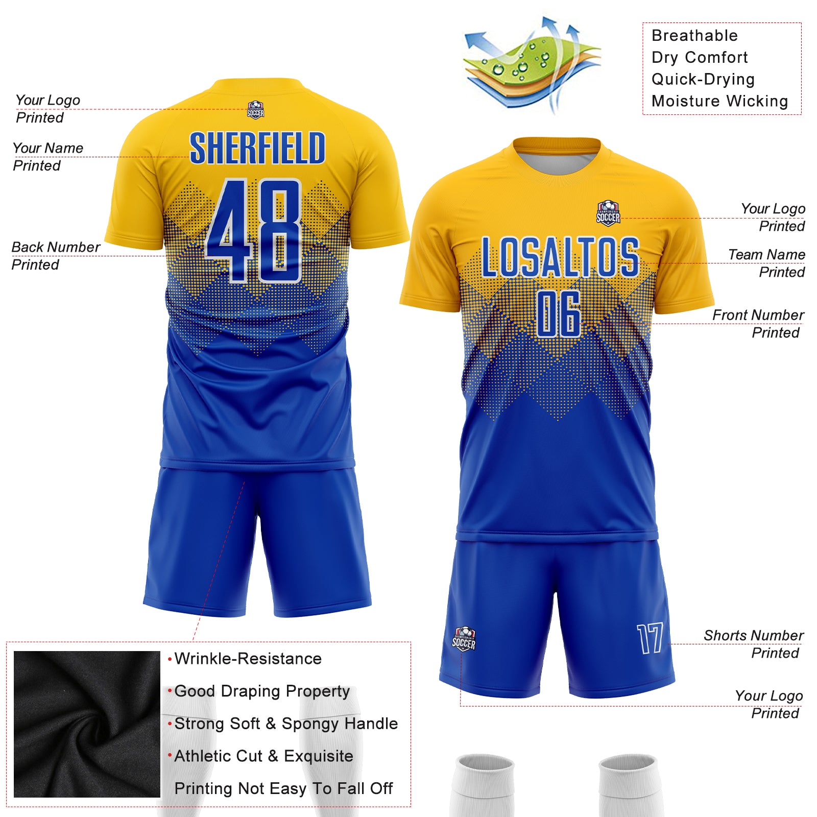 Custom Gold Royal-White Sublimation Soccer Uniform Jersey