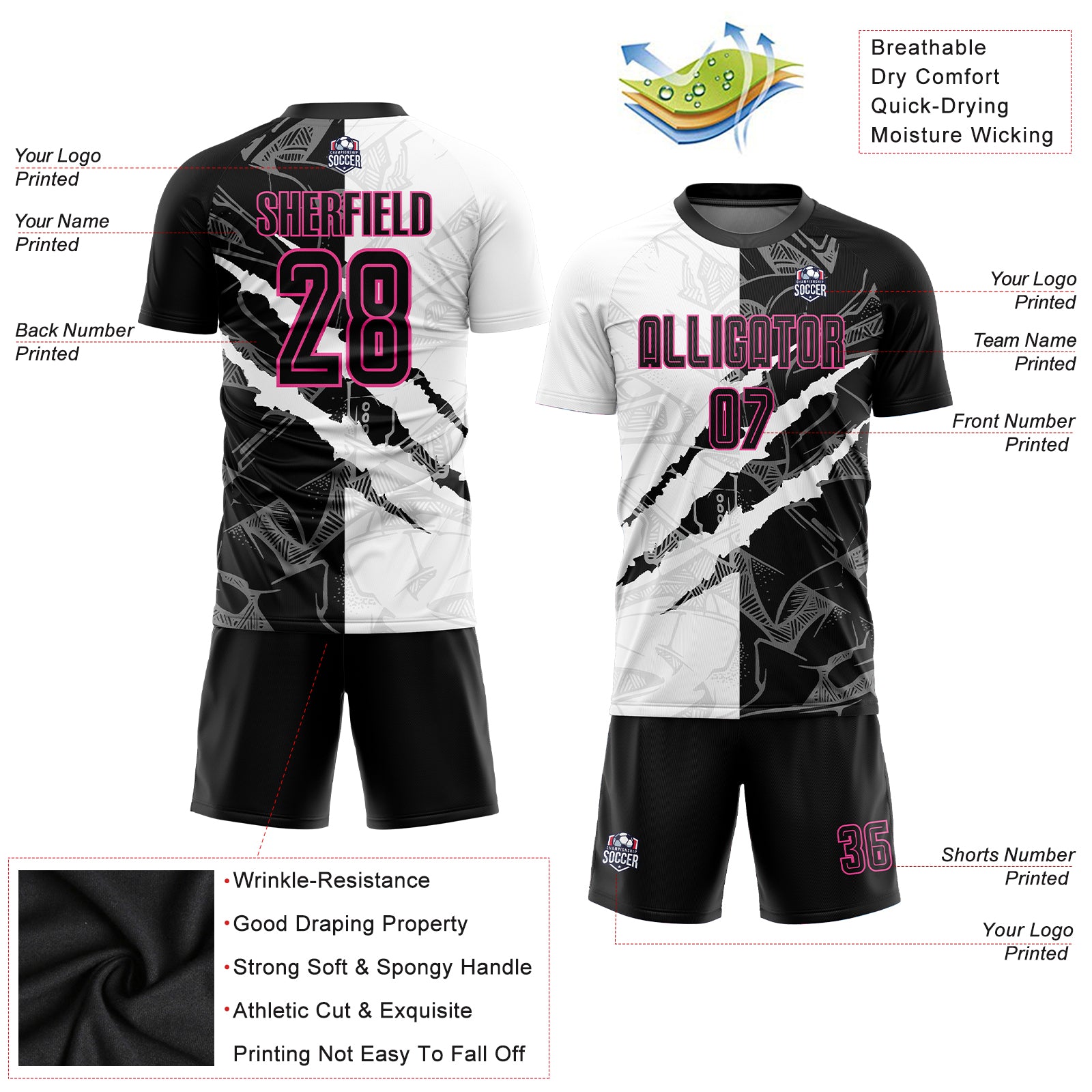 Custom Graffiti Pattern Black-Pink Scratch Sublimation Soccer Uniform Jersey