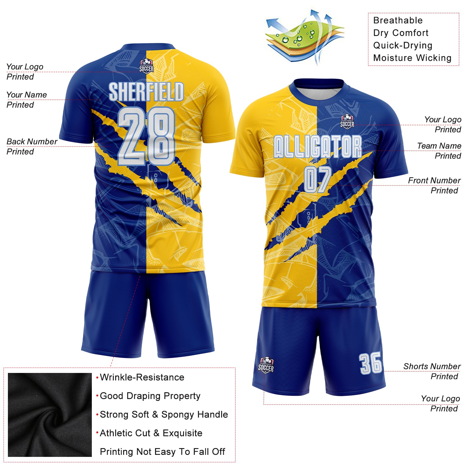 Custom Sky Blue Yellow-Black Sublimation Soccer Uniform Jersey