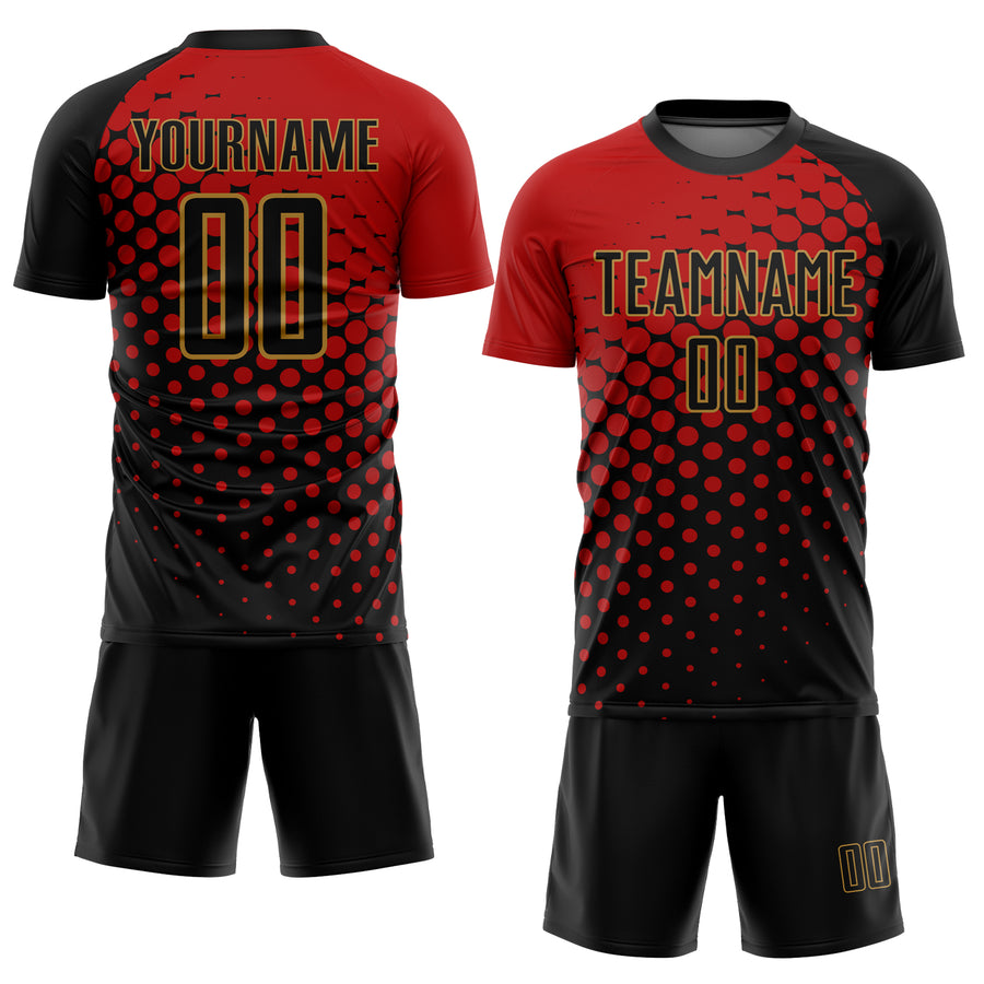 Custom Red Black-Old Gold Sublimation Soccer Uniform Jersey