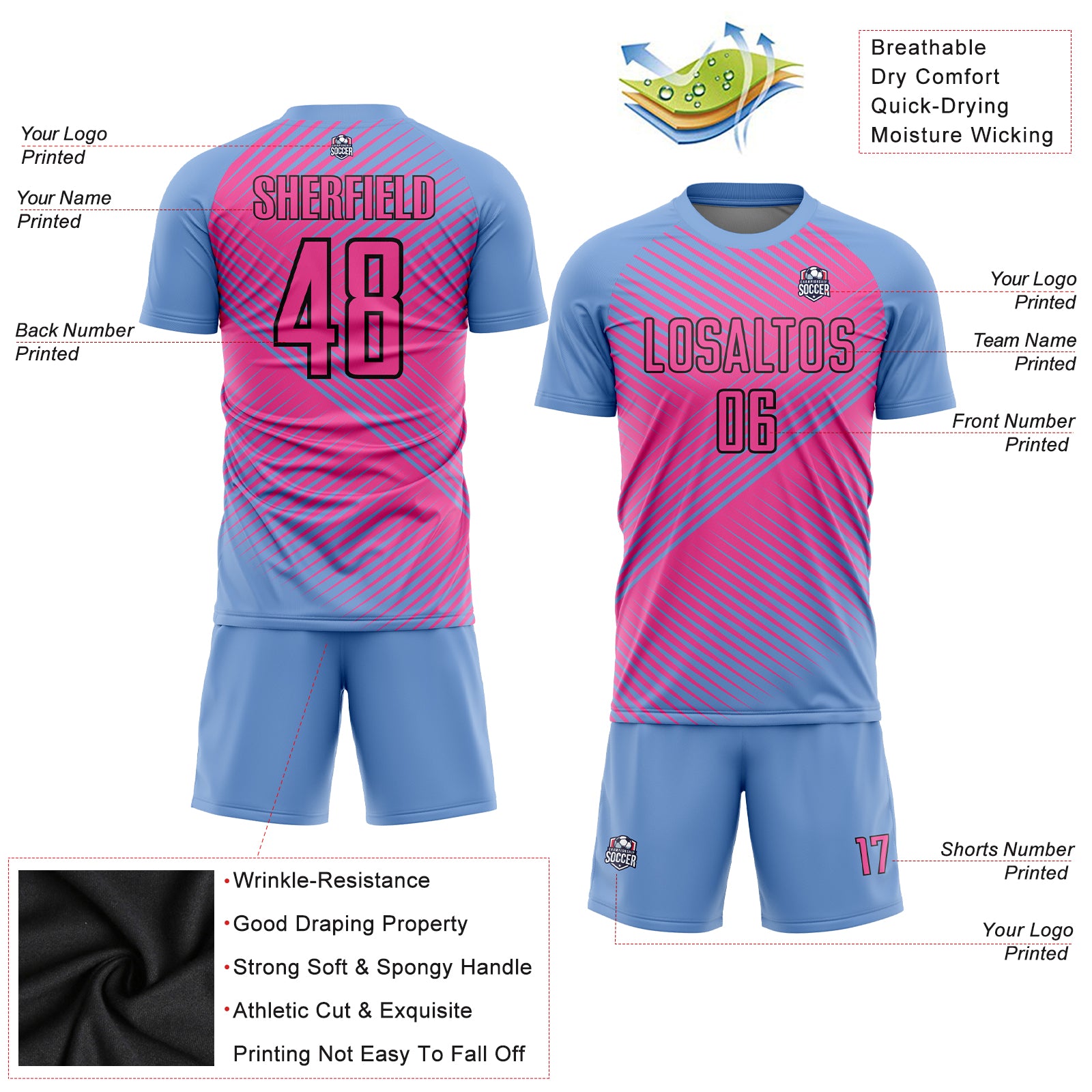 FANSIDEA Custom Black Pink-Light Blue Sublimation Soccer Uniform Jersey Youth Size:110