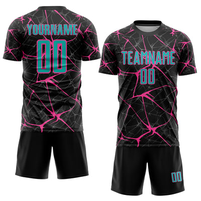 Custom Black Aqua-Pink Sublimation Soccer Uniform Jersey