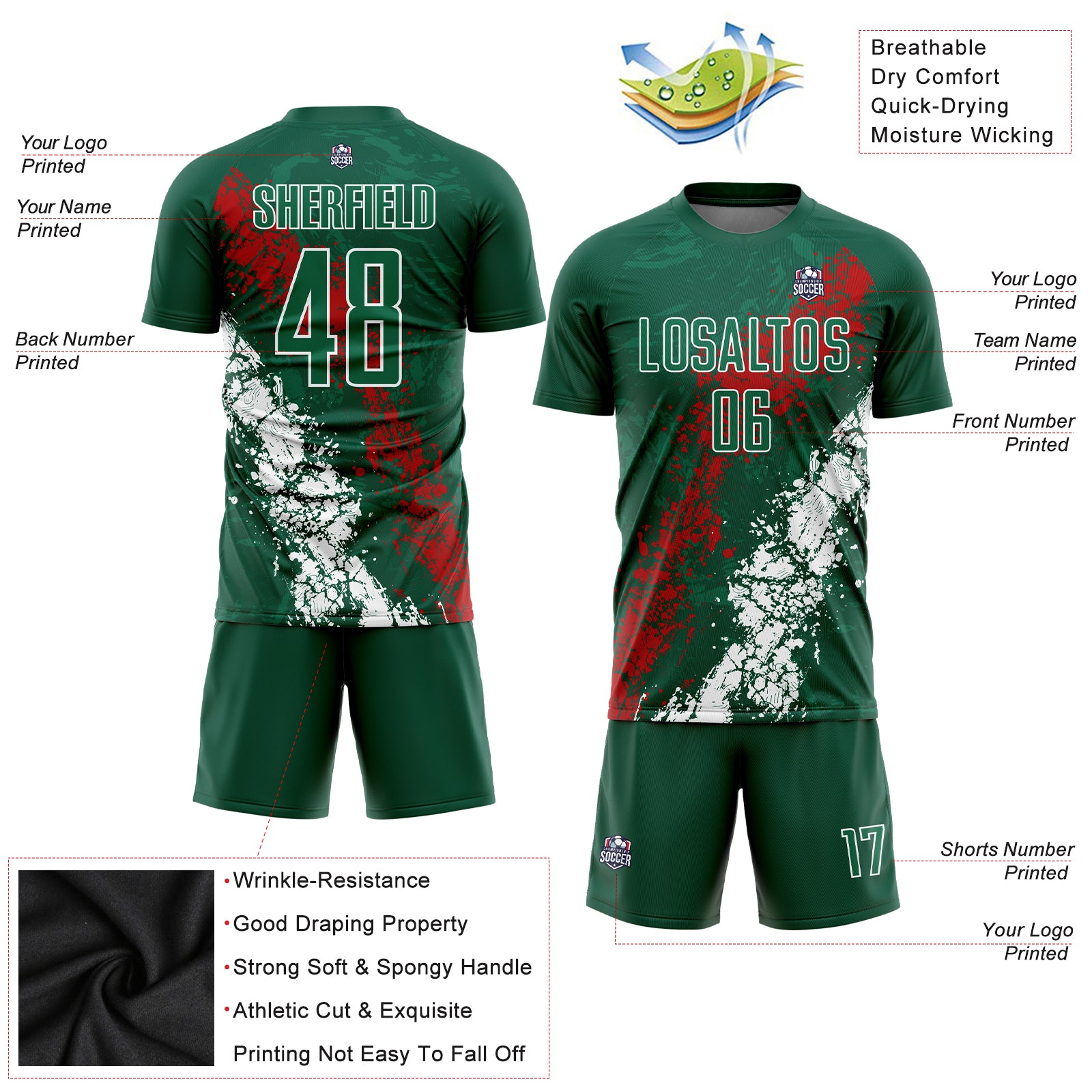 FANSIDEA Custom Soccer Jersey Uniform Grass Green Red-White Sublimation Mexico Youth Size:140