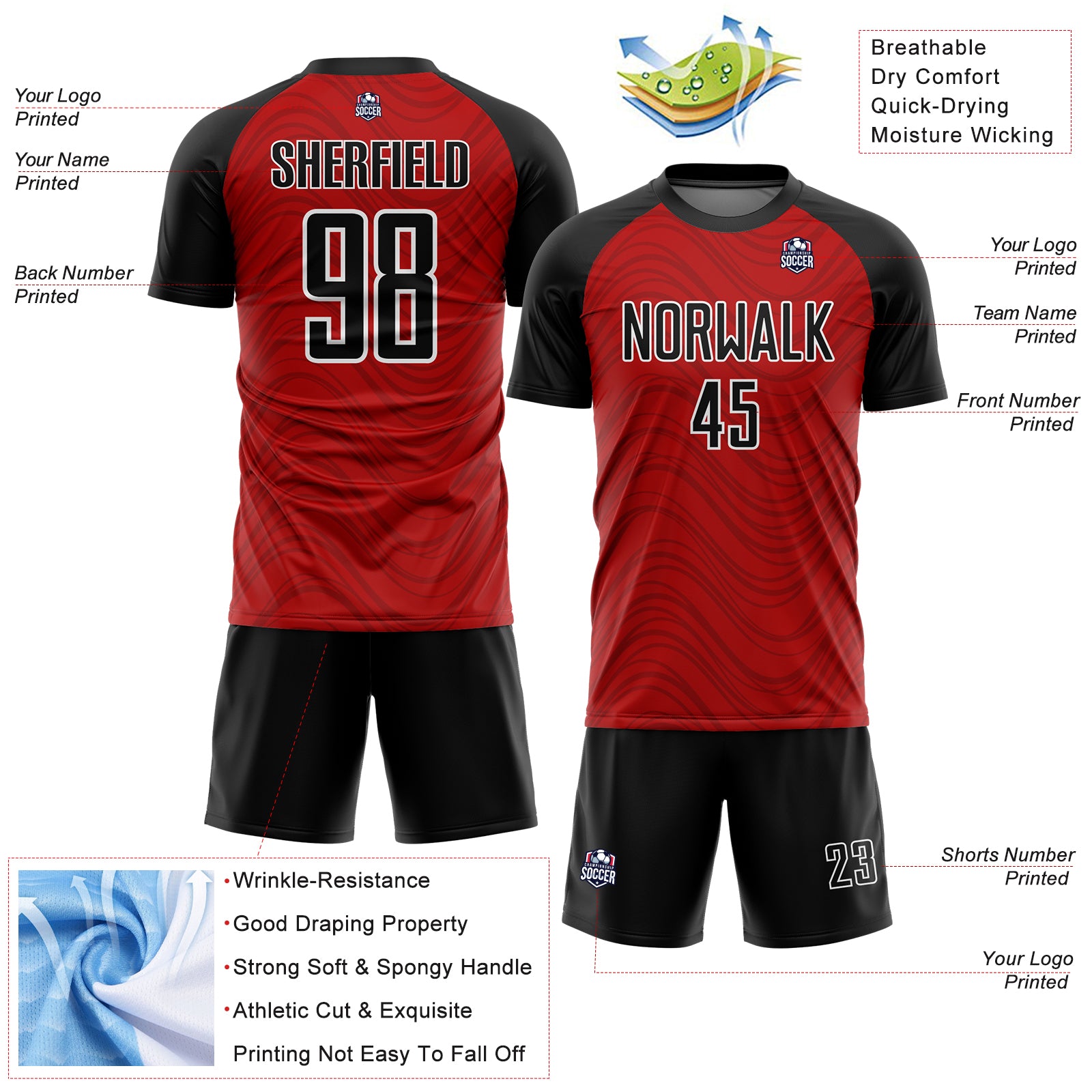 Custom Red Black-White Wavy Lines Sublimation Soccer Uniform Jersey