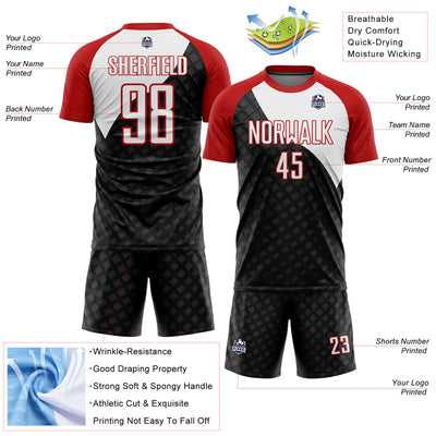 Custom Black White-Red Curve Lines Sublimation Soccer Uniform Jersey