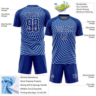 Custom Royal Light Blue-White Wavy Lines Sublimation Soccer Uniform Jersey