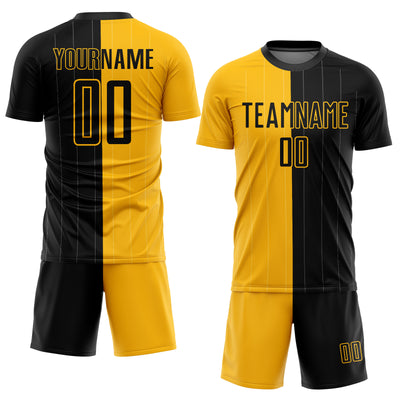 Custom Gold Black Pinstripe Split Fashion Sublimation Soccer Uniform Jersey