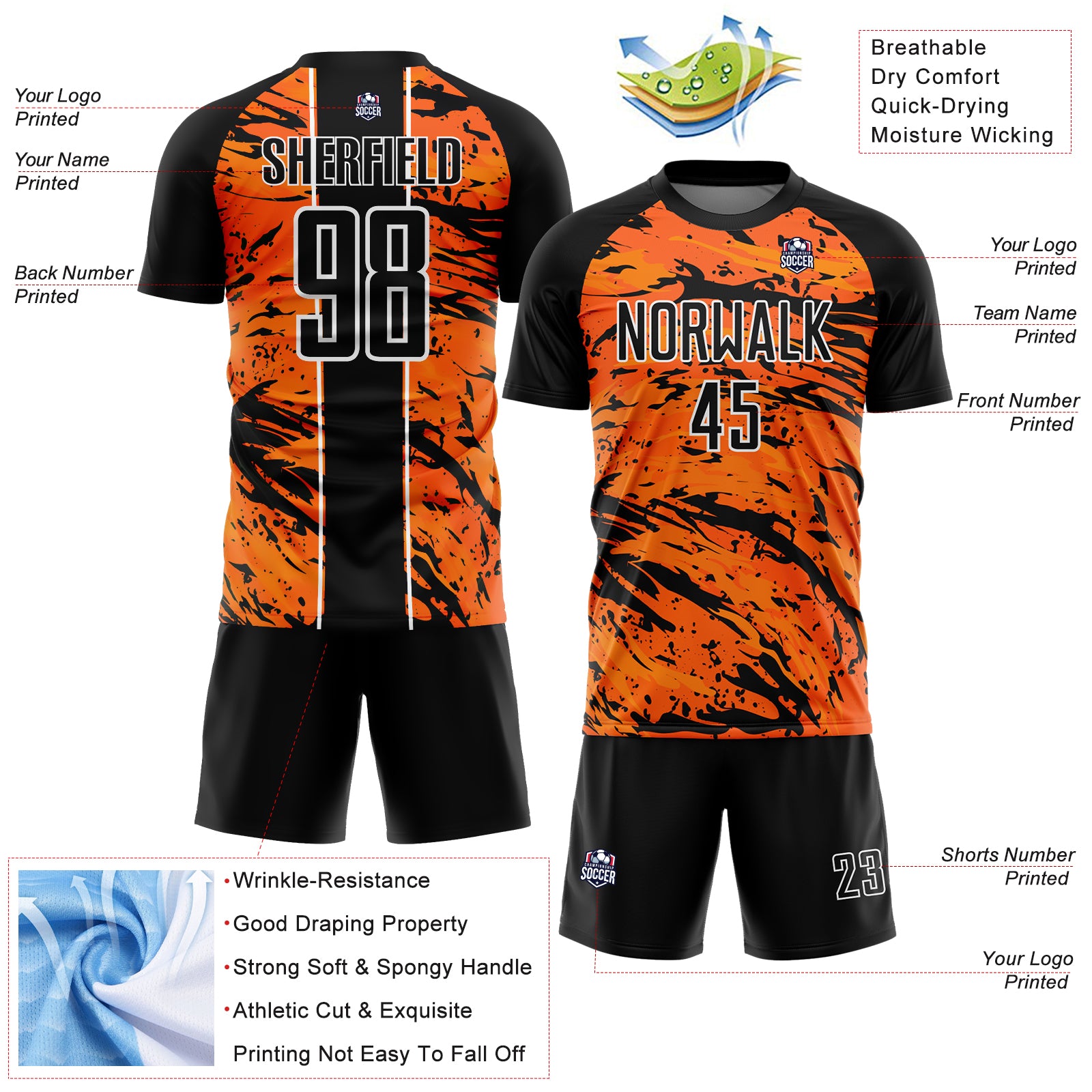 Custom Bay Orange Black-White Abstract Fluid Sublimation Soccer Uniform Jersey