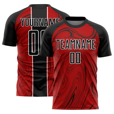 Custom Red Black-White Abstract Fluid Sublimation Soccer Uniform Jersey