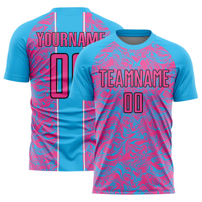 Custom Sky Blue Pink-Black Abstract Fluid Sublimation Soccer Uniform Jersey