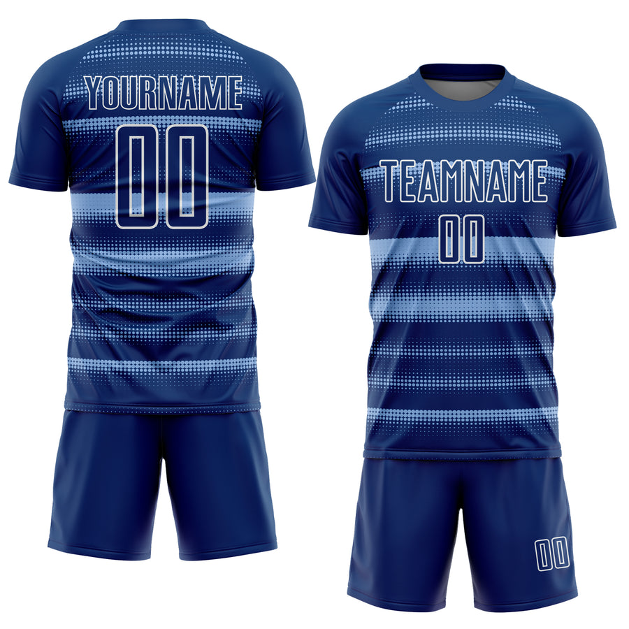 Custom Royal Light Blue-White Halftone Dots Sublimation Soccer Uniform Jersey