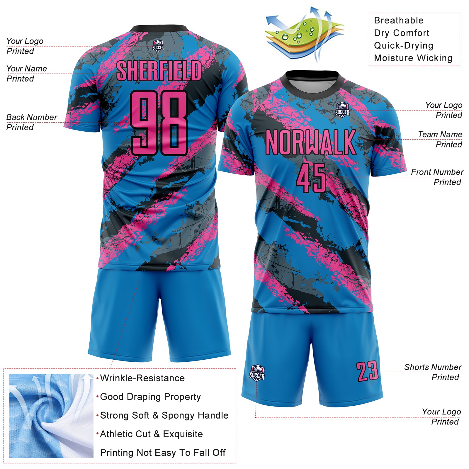 Custom Electric Blue Pink-White Sublimation Soccer Uniform Jersey