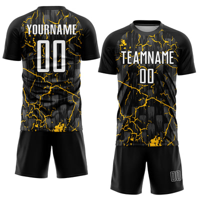 Custom Black White-Yellow Lightning Sublimation Soccer Uniform Jersey