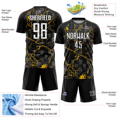 Custom Black White-Yellow Lightning Sublimation Soccer Uniform Jersey