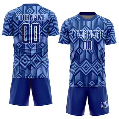 Custom Royal Light Blue-White Abstract Geometric Shapes Sublimation Soccer Uniform Jersey