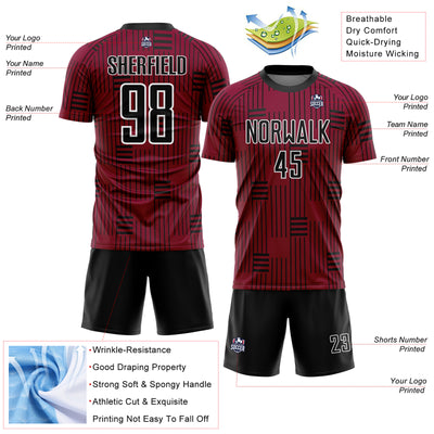 Custom Maroon Black-White Lines Sublimation Soccer Uniform Jersey