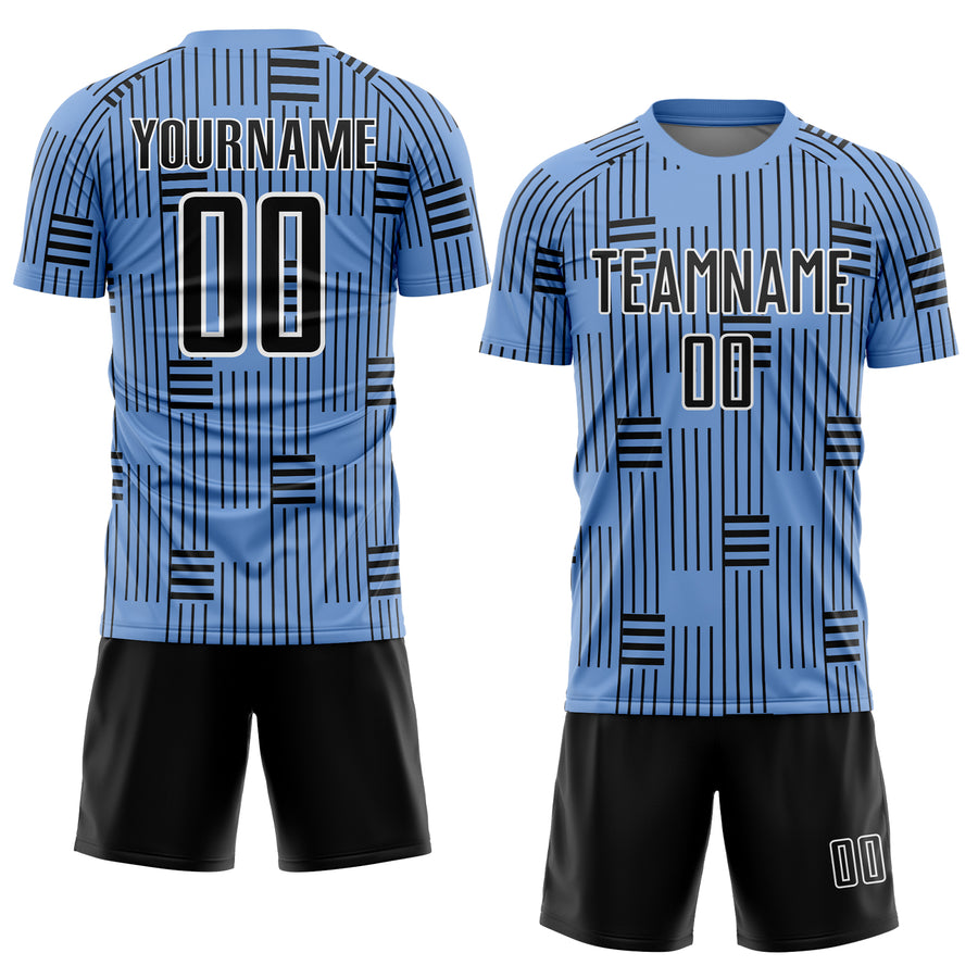 Custom Light Blue Black-White Lines Sublimation Soccer Uniform Jersey