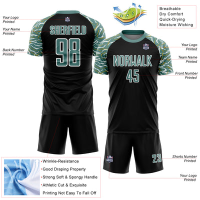 Custom Black Midnight Green-White Curved And Wavy Lines Sublimation Soccer Uniform Jersey